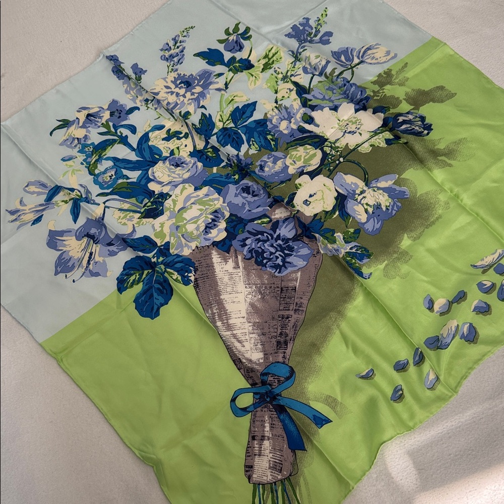 New Talbots Floral Bouquet Silk Square Scarf - Blue and Green 31”x31”